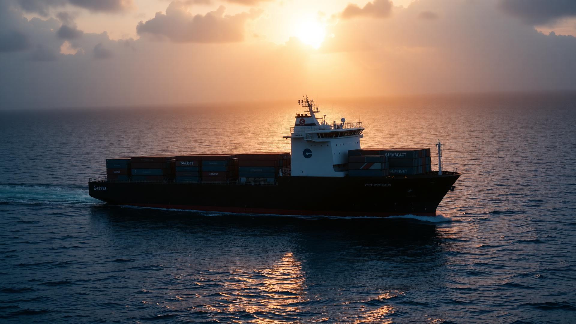 Container ship sailing at sunrise on open ocean